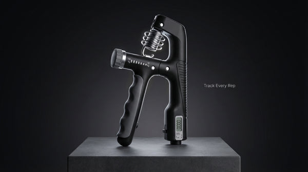 Black hand grip trainer on a dark background with 'Track Every Rep' text.