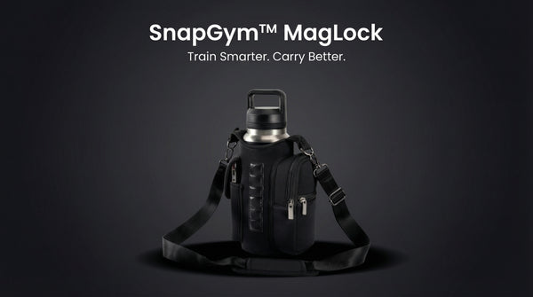 Black bag with a water bottle on a dark background, featuring SnapGym MagLock branding.
