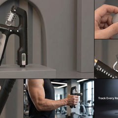Collage of a adjustable resistance dumbbell with close-up details and usage scenarios.