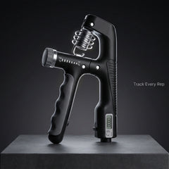 Black hand grip trainer on a dark background with 'Track Every Rep' text.