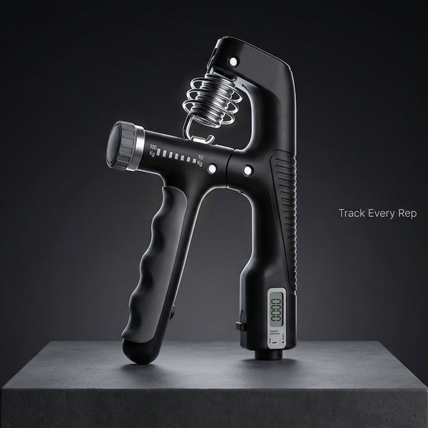 Black hand grip trainer on a dark background with 'Track Every Rep' text.