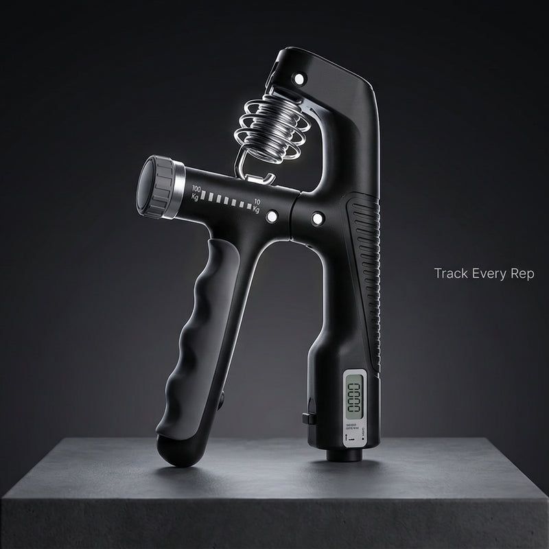 Black hand grip trainer on a dark background with 'Track Every Rep' text.