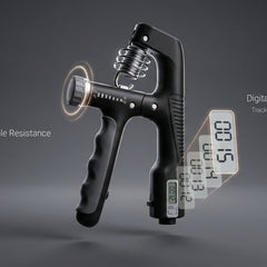 Black hand grip strengthener with digital display on a dark background