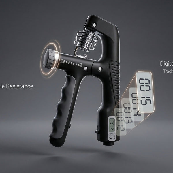 Black hand grip strengthener with digital display on a dark background