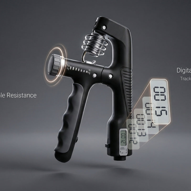 Black hand grip strengthener with digital display on a dark background