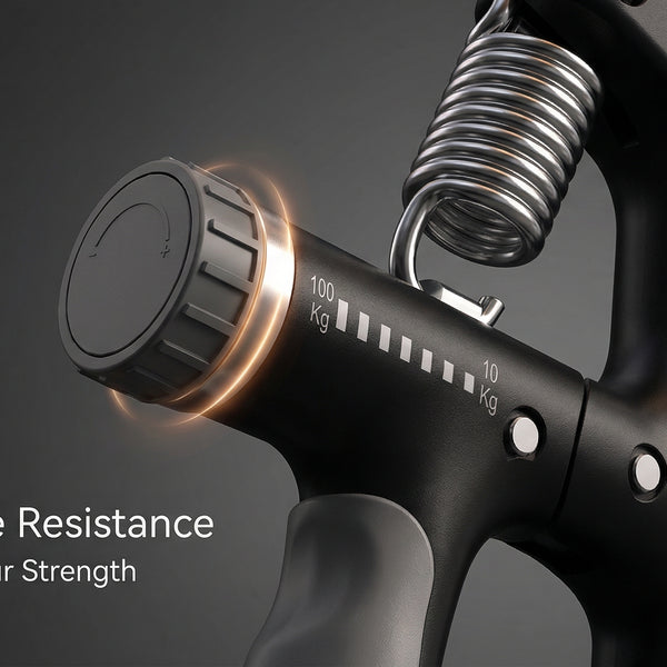 Black hand grip with adjustable resistance on a dark background
