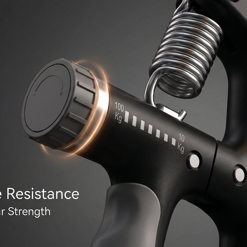 Black hand grip with adjustable resistance on a dark background