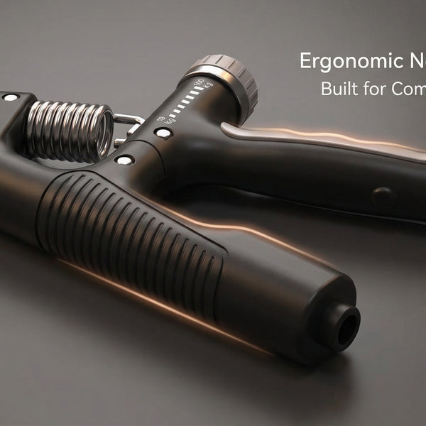 Hand grip with ergonomic non-slip design on a dark background