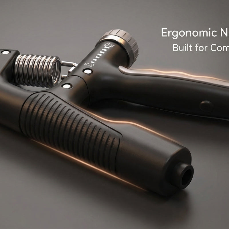 Hand grip with ergonomic non-slip design on a dark background