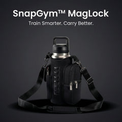 Black bag with a water bottle on a dark background, featuring SnapGym MagLock branding.