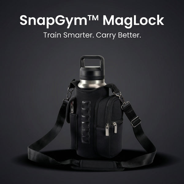 Black bag with a water bottle on a dark background, featuring SnapGym MagLock branding.