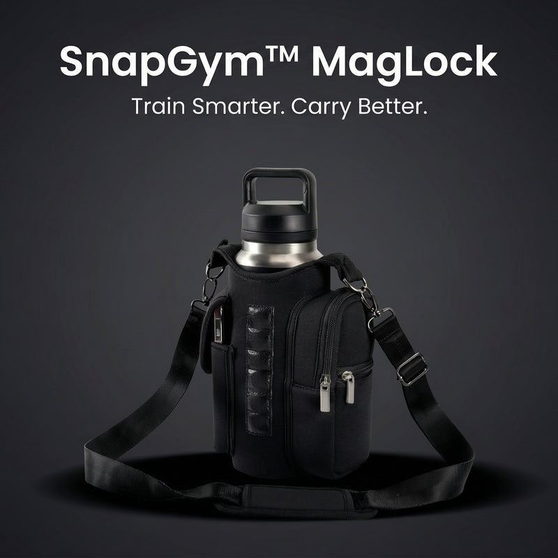 Black bag with a water bottle on a dark background, featuring SnapGym MagLock branding.