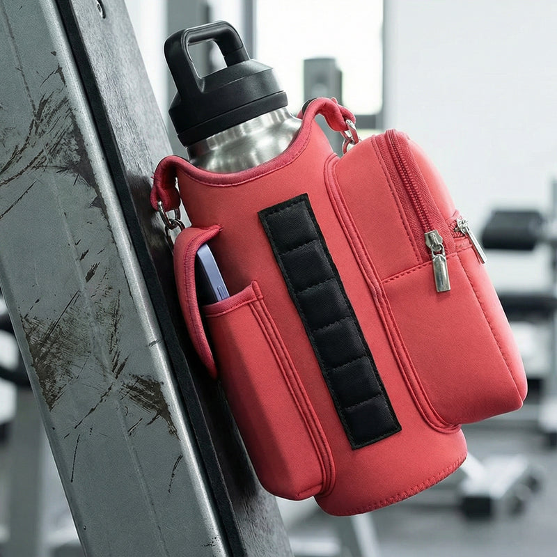 red crossbody bag attached to a metal bar in a gym setting