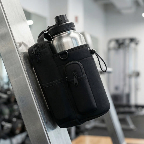 Water bottle with black holder attached to gym equipment