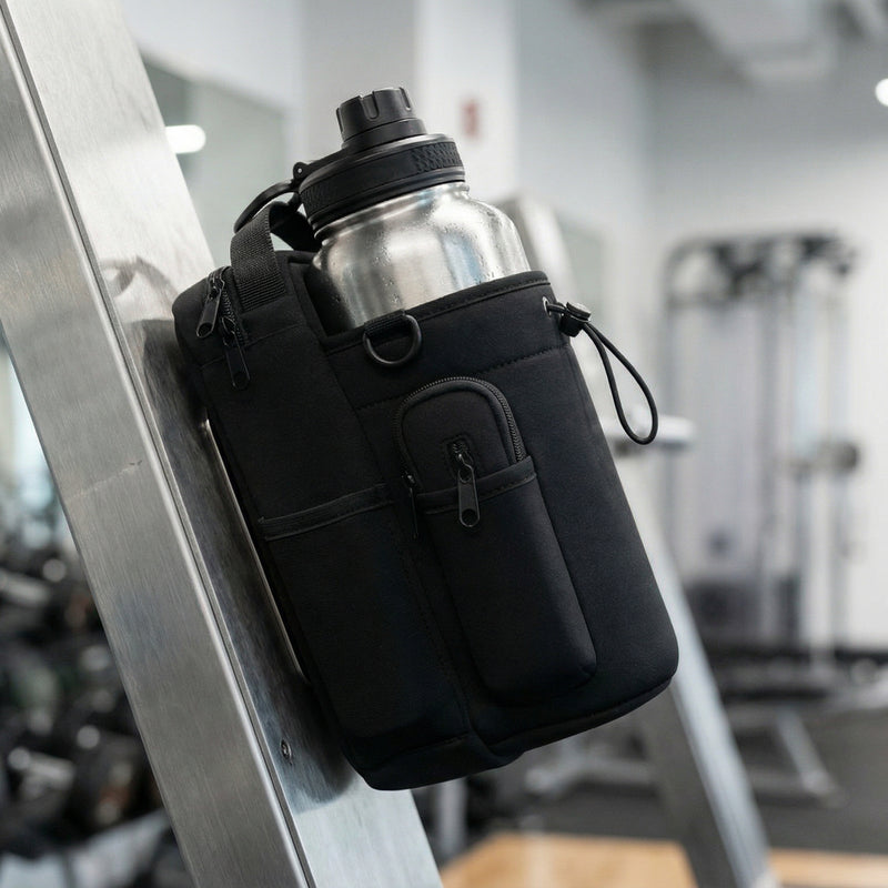 Water bottle with black holder attached to gym equipment