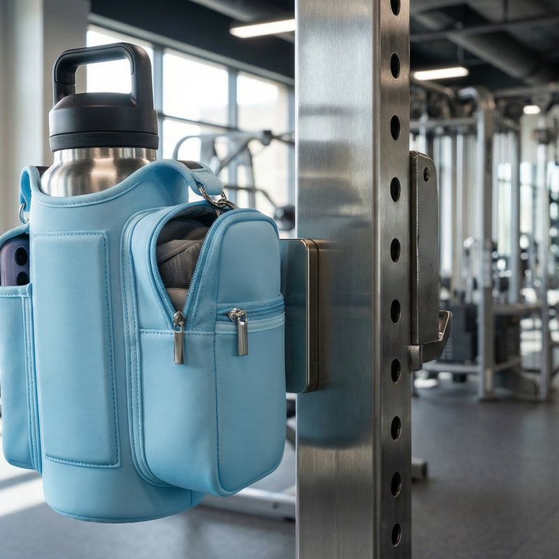 blue crossbody bag attached to a metal bar in a gym setting