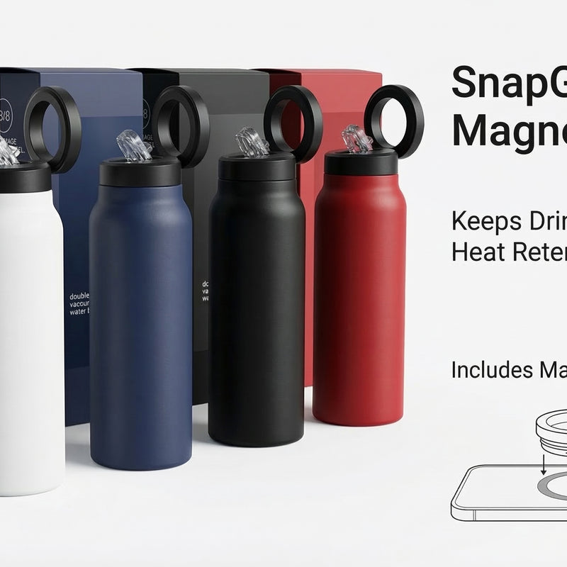 SnapGym magnetic bottle with packaging and additional features on a white background