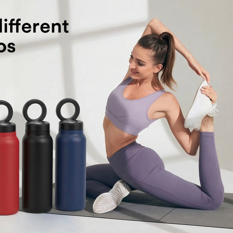 Woman stretching on a mat with four water bottles and a fitness tracker in the foreground.