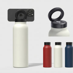 Set of insulated bottles with different designs on a light gray background