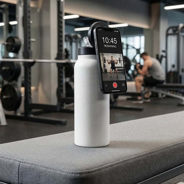 Smartphone with a fitness app displayed on a water bottle in a gym setting