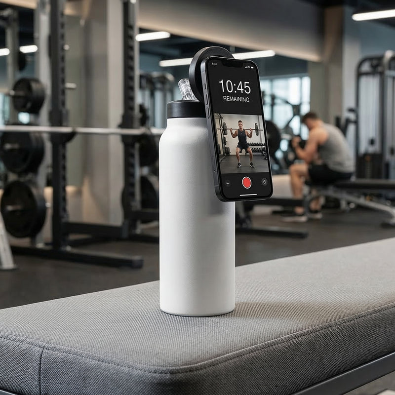 Smartphone with a fitness app displayed on a water bottle in a gym setting