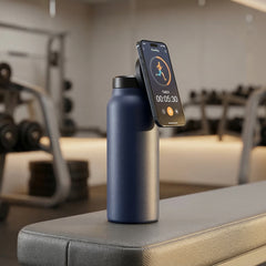 Smart water bottle with app on a gym bench