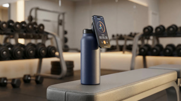 Smart water bottle with app on a gym bench