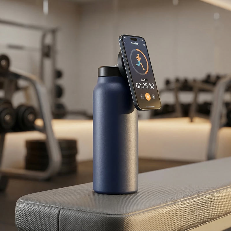 Smart water bottle with app on a gym bench