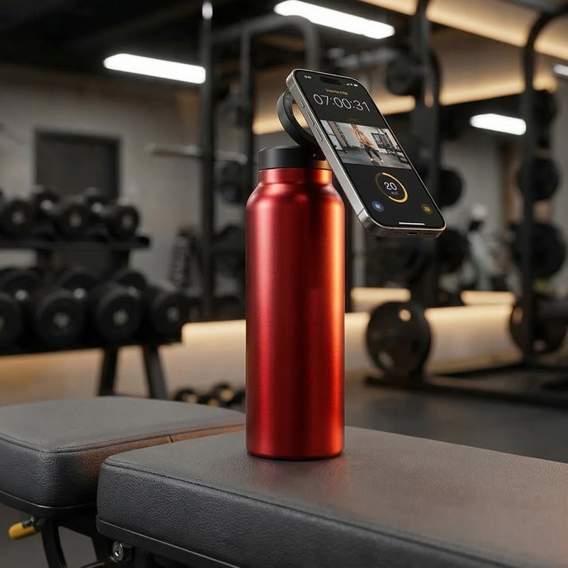 Red water bottle with a digital scale on a gym bench