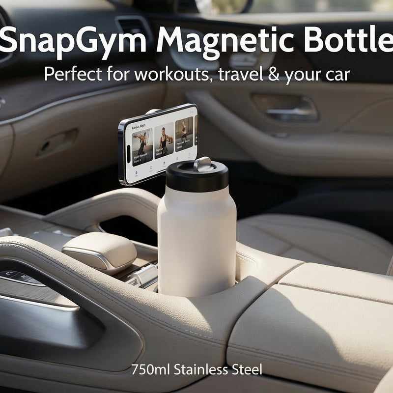 SnapGym Magnetic Bottle in a car's cup holder with text highlighting its use.