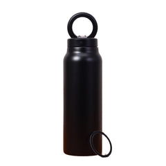 Black water bottle with a carrying loop on a white background