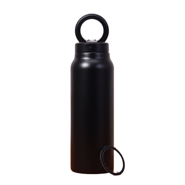 Black water bottle with a carrying loop on a white background