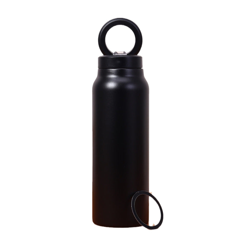 Black water bottle with a carrying loop on a white background